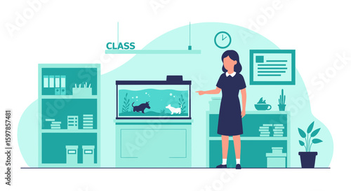 Flat Illustration Depicting Classrooms With Fish and a Teacher in the Front