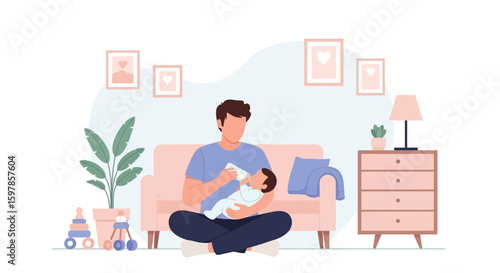 Affectionate Father Bonding Moment with Newborn Child in Cozy Home Interior