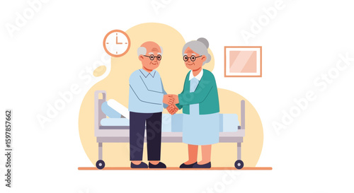 Affectionate Senior Couple Holding Hands In Hospital Room With Medical Equipment