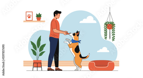 Affectionate Pet Owner Giving His Obedient Dog A Treat In A Cozy Home