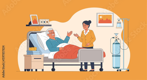 Affectionate Woman Visiting Senior Man Resting Comfortably in Hospital Bed