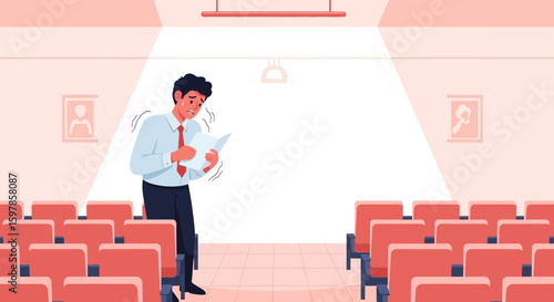 Anxious Man Reciting Speech In Theater Before An Audience Waiting For Performance