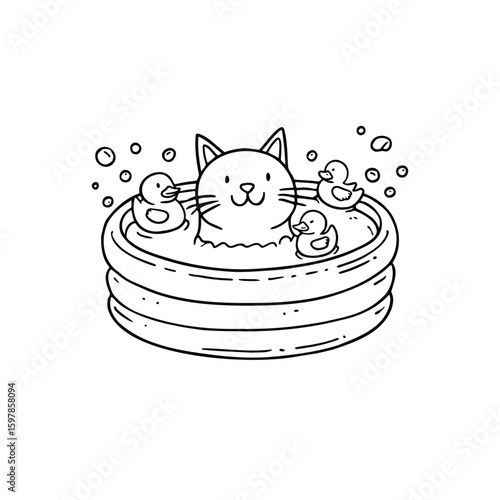 Illustration of a happy cat in an inflatable pool with duck toys