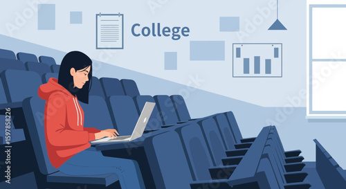 Focused Student Attending Lecture In Auditorium Using Laptop To Study And Learn Online