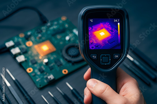 thermal camera, infrared scan, circuit board, PCB diagnostics, chip overheating, electronic testing, temperature detection, heat analysis, handheld thermal imaging, electronics repair, infrared inspec