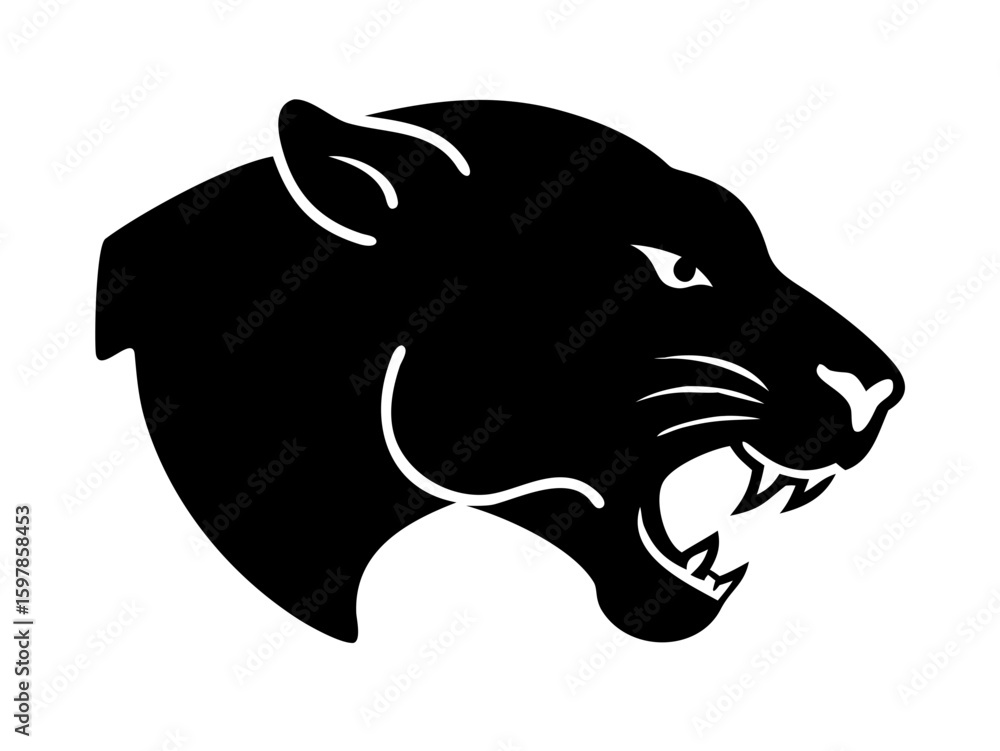 Obraz premium Powerful black panther head profile, perfect for logos or graphic design. A bold, stylized silhouette of a panther's head in profile view.