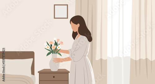 Morning Routine Woman Arranging Fresh Flowers In Vase On Nightstand At Home
