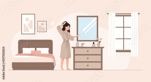 Morning Routine Woman Admiring Herself In Mirror Relaxing At Home After Shower