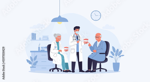Doctor Explaining Dentures To Senior Patients In A Medical Clinic Office Setting