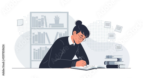 Focused Student In Library Immersed In Studies Taking Notes From Books