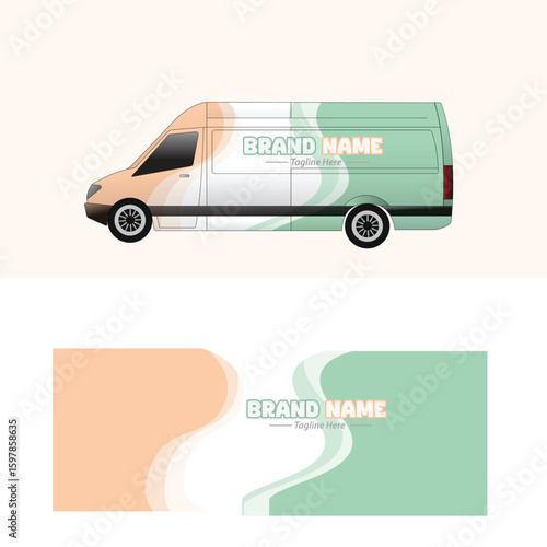 Modern van decal design with smooth pastel waves in mint green and orange tones
