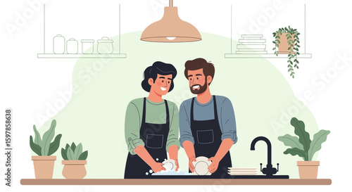 Loving Couple Togetherness Sharing Household Chores Washing Dishes With Aprons