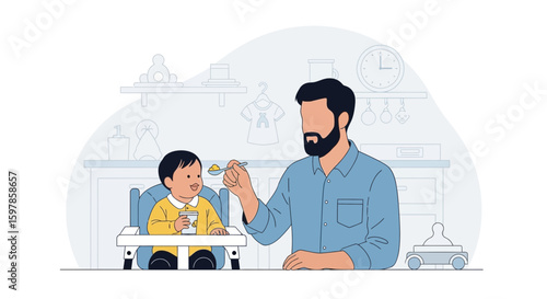 Loving Father Feeds His Toddler Son in High Chair at Home Kitchen