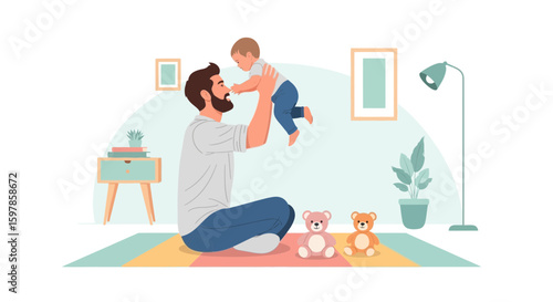 Loving Father Joyfully Holding His Baby At Home with Teddy Bear Toys