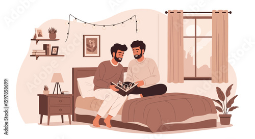 Loving Gay Couple Sharing Memories By Looking At A Photo Album Together