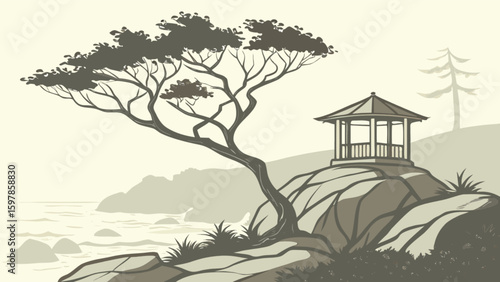 Landscape illustration of coastal scene with tree gazebo and ocean view in vintage style design vector art