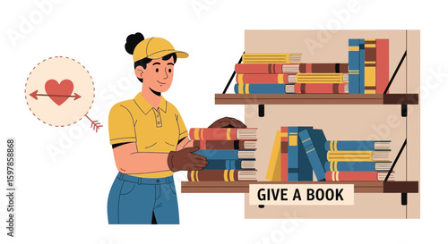 Loving Volunteer Donating Books To Library Shelves For Community Support Project