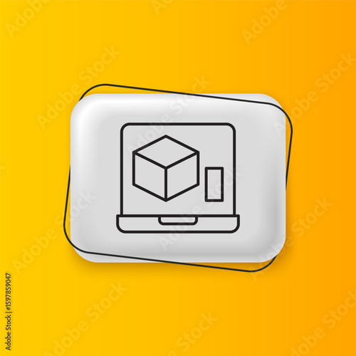 Black 3D printer icon isolated on yellow background. 3d printing. Silver rectangle button. Vector
