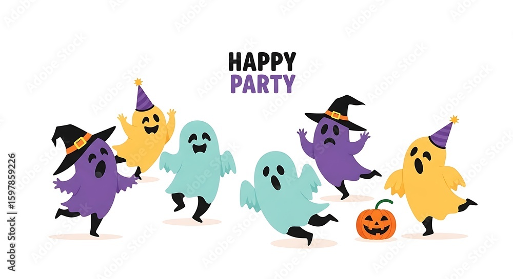 Obraz premium Cartoon ghosts having a happy party with a pumpkin on a white background illustration vector