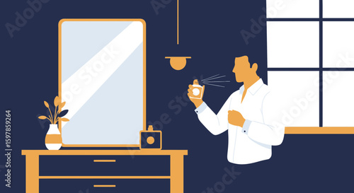 Man Applies Cologne In Room By Vanity For Grooming Or Fragrance Concept