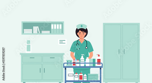 Attentive Nurse Arranging Supplies On Medical Cart In Hospital Room