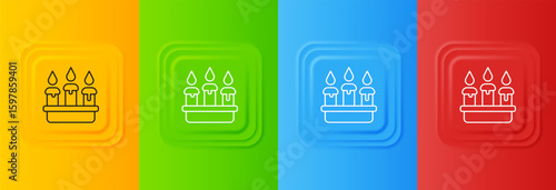 White Burning candle in candlestick icon isolated on colorful background. Cylindrical candle stick with burning flame. Set icons in square buttons. Vector