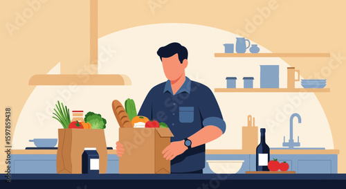 Man Arriving Home With Groceries Bags Healthy Food Fresh Produce In Kitchen