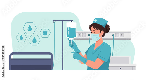 Attentive Nurse Preparing Intravenous Drip In A Clinical Setting For Patient Care