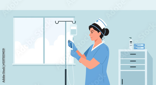 Attentive Nurse Preparing Intravenous Therapy In A Bright Hospital Room