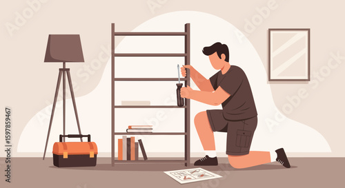 Man Assembling Furniture At Home Depicts A Practical Life Activity With Bookshelves
