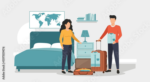 Couple Packing Luggage For Vacation Travel Preparation At Home Interior