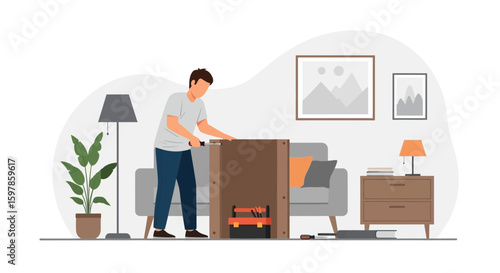 Man Assembling Furniture At Home In A Room With Modern Interior