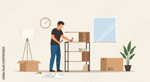 Man Assembling Furniture At Home With Tools And A Box During Relaxation