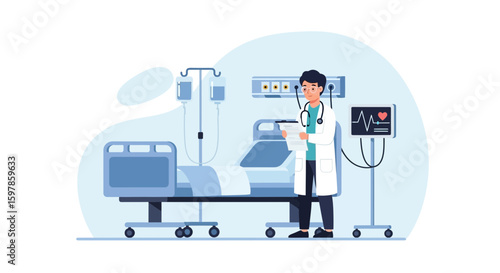Doctor In Hospital Room Checks Medical Records Next To Patient Bed