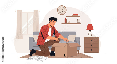 Man Assembling Furniture From Cardboard Box In Living Room Interior Illustration