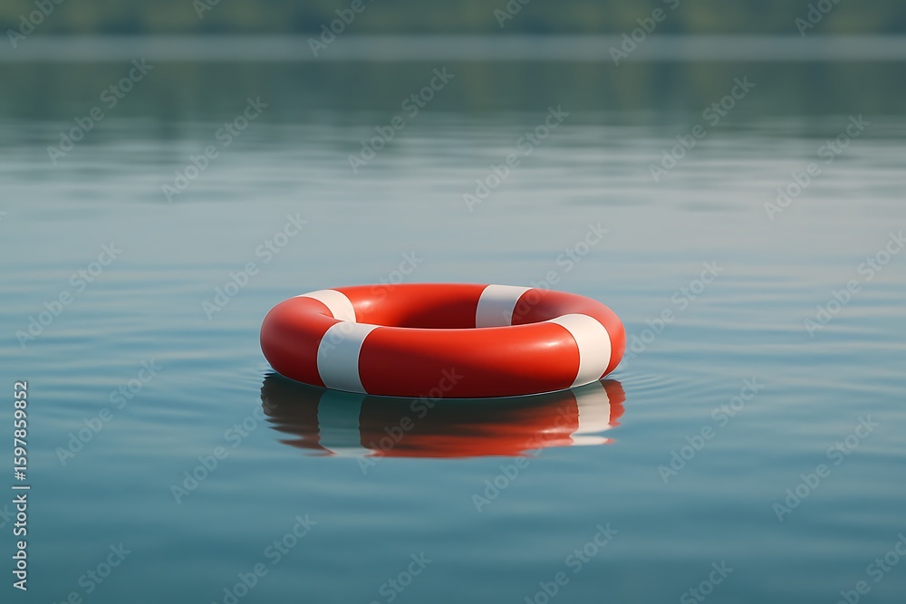 Naklejka premium lifebuoy floating on still lake in daylight