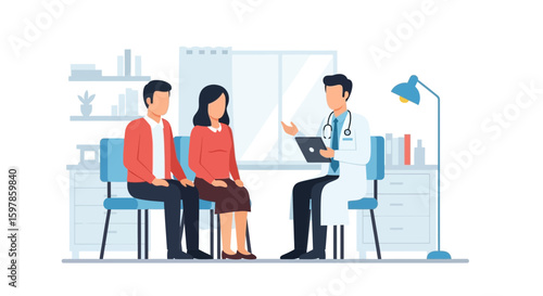 Couple Receives Consultation from Doctor with Tablet During Healthcare Appointment