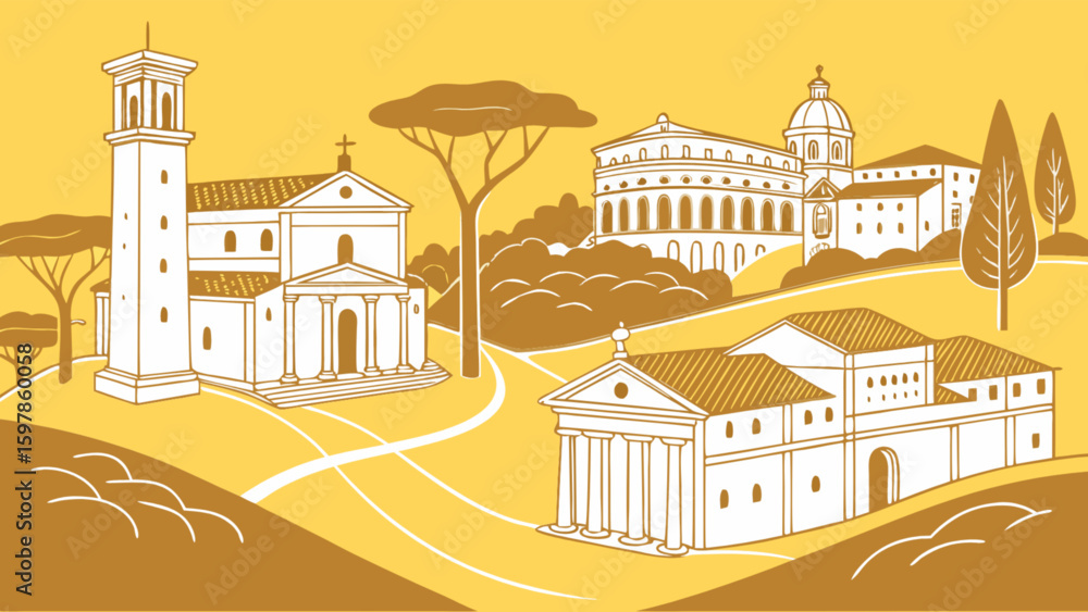 Fototapeta premium Vintage illustration of italian architecture landscape with buildings and trees on yellow background art print