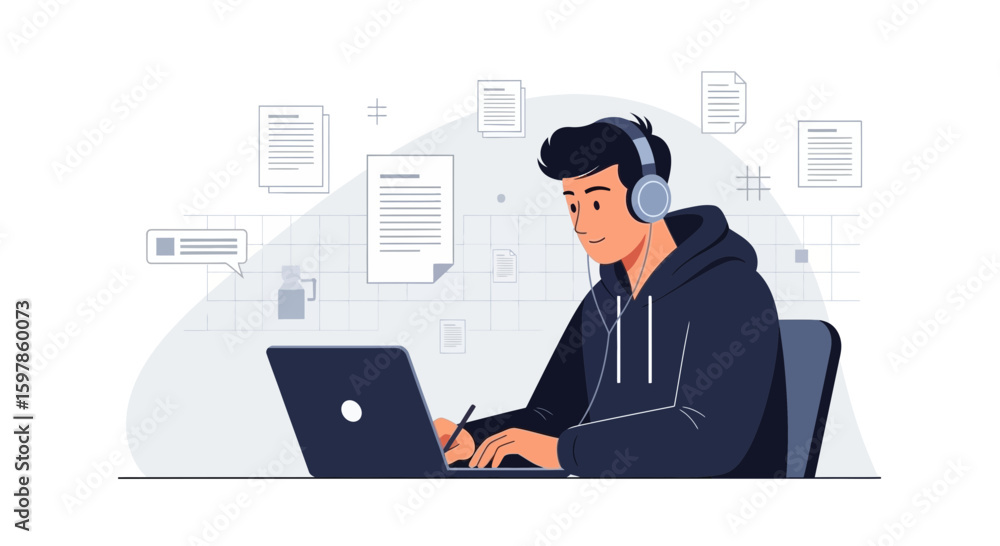 Focused Young Man Working On His Laptop And Listening Music At Home Focused Young Man Working On His Laptop And Listening Music At Home