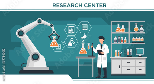 Automated Chemical Research With Robotic Arm In Modern Science Laboratory