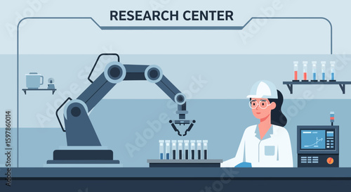 Automated Laboratory System With Robotic Arm And Female Scientist At Research Center