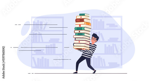 Man Carrying Pile Of Books With Bookcase Background For Educational Resource