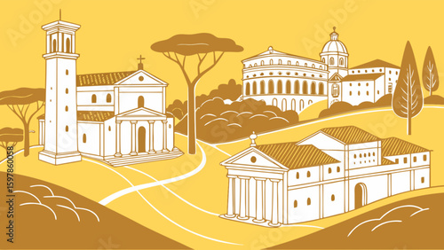 Vintage illustration of italian architecture landscape with buildings and trees on yellow background art print