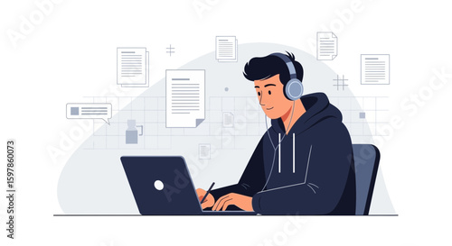 Focused Young Man Working On His Laptop And Listening Music At Home