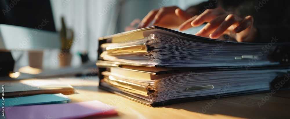 Obraz premium The hands working on organized files in a cozy office setting.