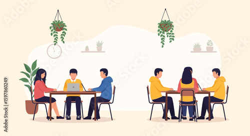 Coworkers At Tables Working In Modern Shared Office Space Environment Interior