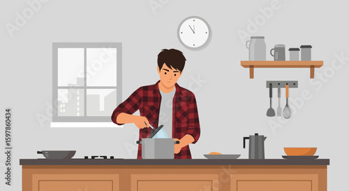 Man Cooking In Kitchen Preparation Meal Heathy Food At Home Lifestyle Illustration