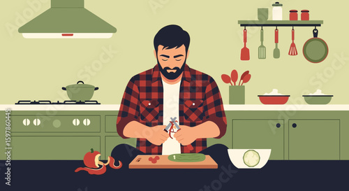 Bearded Man Prepares Healthy Meal In Modern Kitchen At Home Illustration