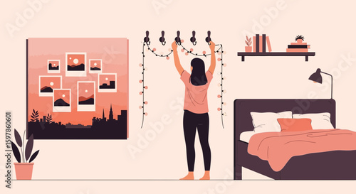 Cozy Bedroom Decoration With Woman Hanging Festive String Lights