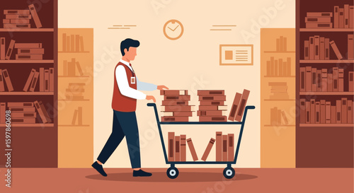 Bookshelf Restocking In Bookstore By Employee With Cart Loaded Books